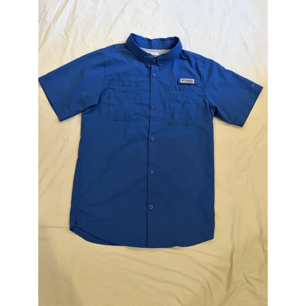 Columbia PFG Boys Blue Solid Short Sleeve Button-Up Shirt Collared XL 18/20 Omni